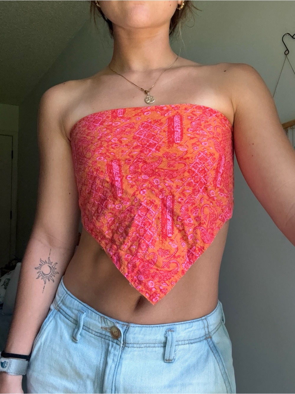Rhythm. Strapless Bandana Crop Top in Orange and Pink Paisley